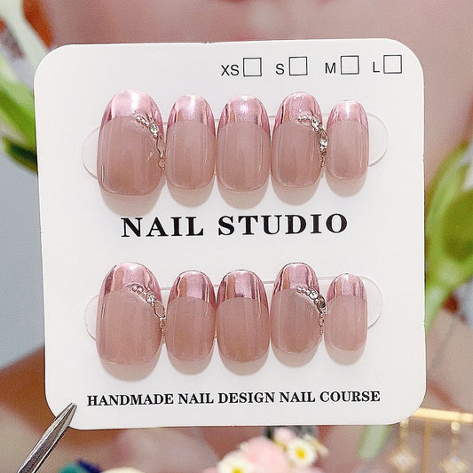 A10 Short Oval Shape Pink Cat Eye Design Press On Nails +tool kit