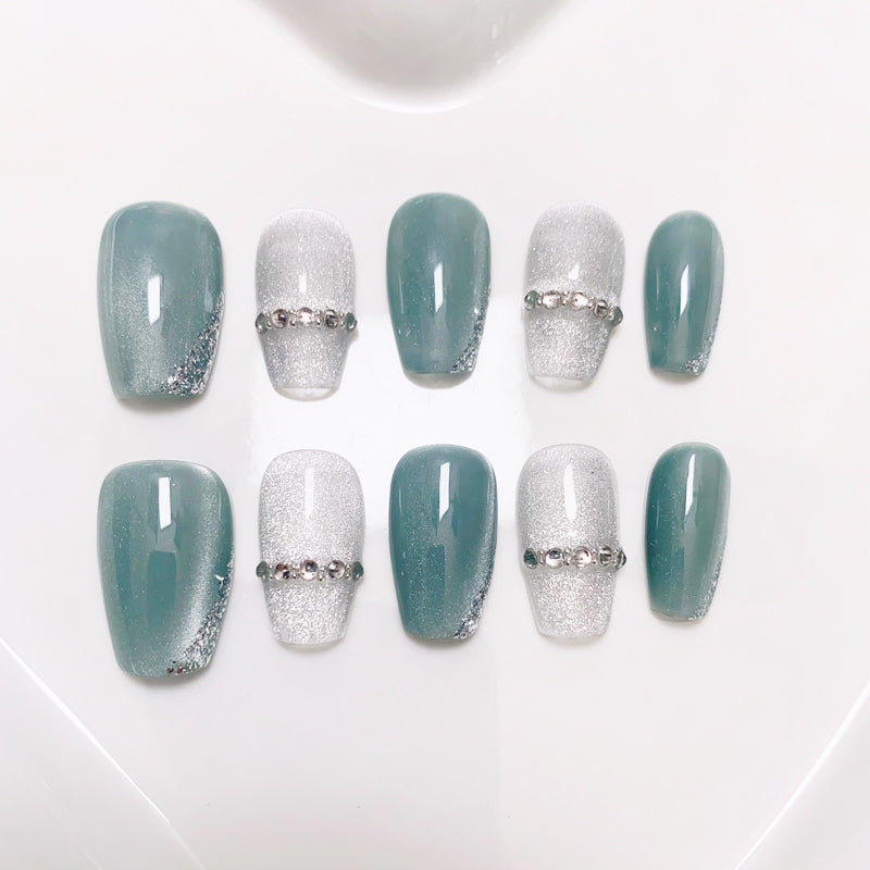 A10 Green Short Coffin Press on Nails for Women+Application Kit