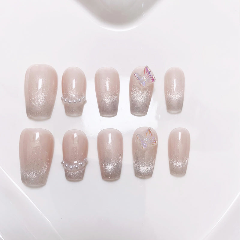 A15  Light Pink 3D Butterfly Short Coffin Press on Nails for Women+tool kits