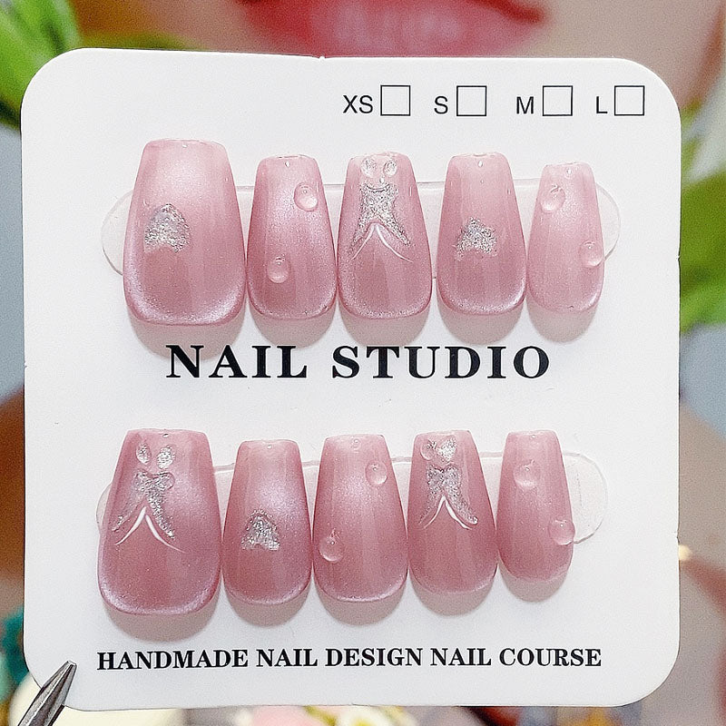 A24 Pink Cat Eye Short Coffin Press On Nails+tool kit