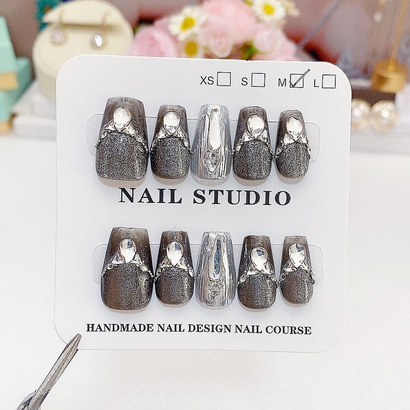 A97 Shiny Grey Short Coffin Fake Nails for Women+tool kit