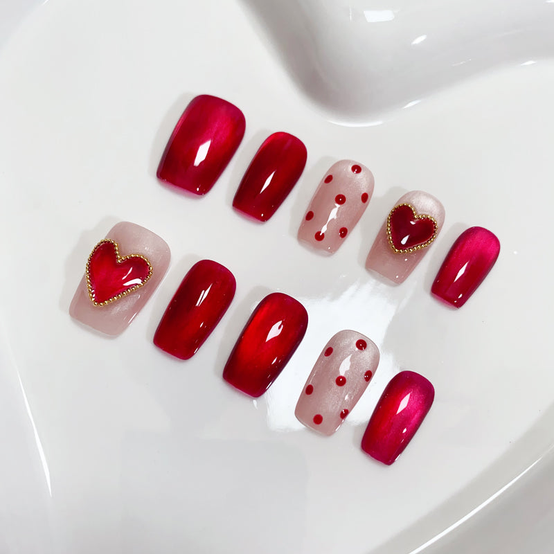 A91 Short Coffin Red Cat Eye Press on Nails for Women