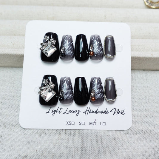 A26 Cool Short Coffin Black Hand Drawn Feather Press on Nails