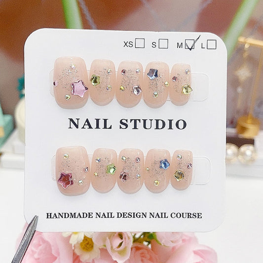 A36 Colorful Stones Super Short Press on Nails for Women +tool kit