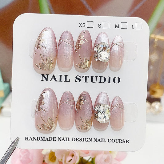 A52 Hand Drown Flower Style Almond Press on Nails for Women