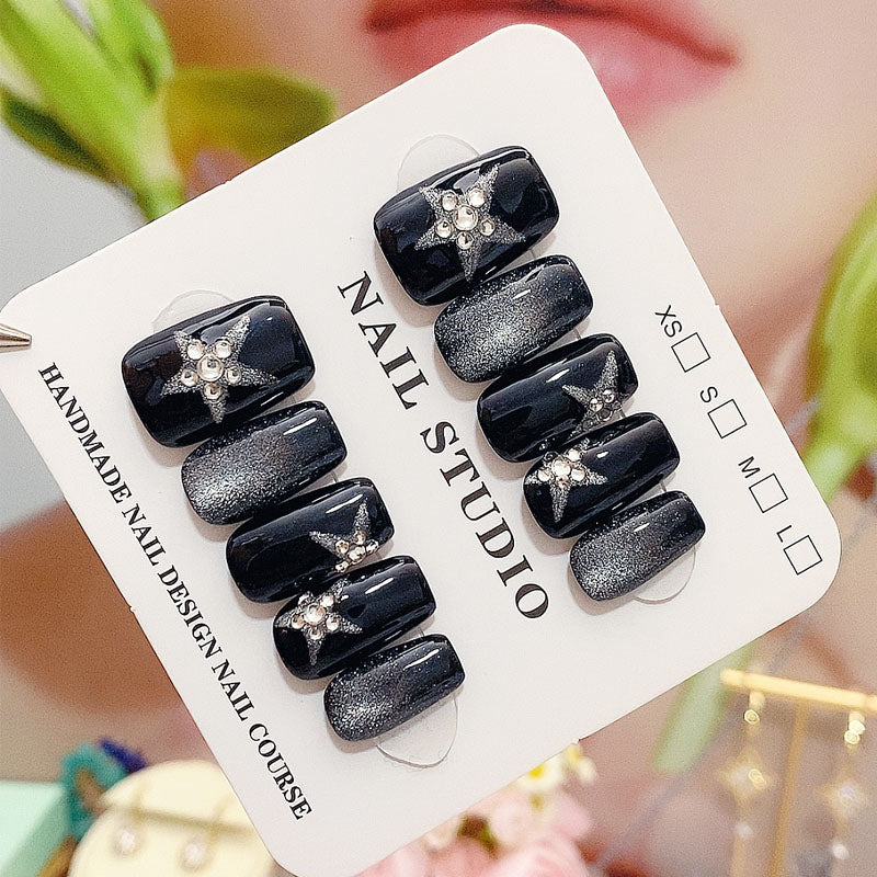 A81 Black Stars Short Coffin Shape Press On Nails+tool kit