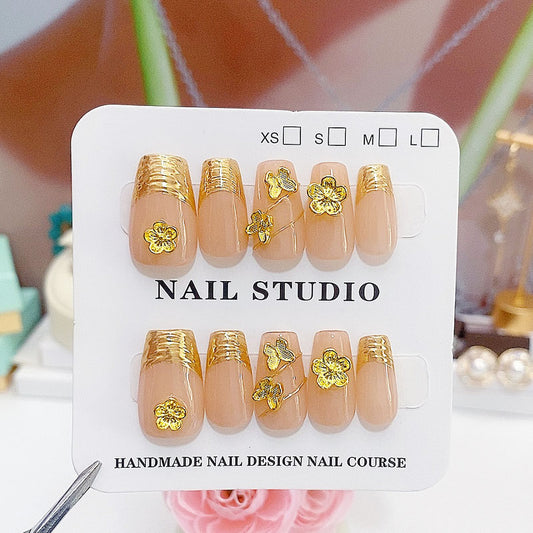 A28 Gold Color Flowers Short Coffin Press on Nails +tool kit