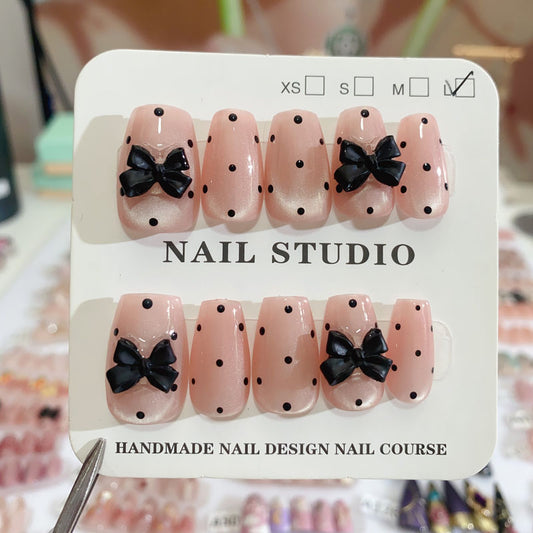 A12 Black Bowtie Cat Eye Press on Nails for Women+Application Kit