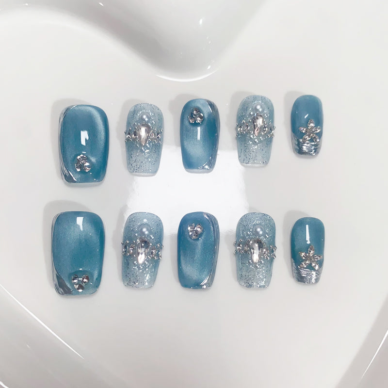 A119 Blue Cat Eye Short Coffin Press On Nails for Women+tool kit