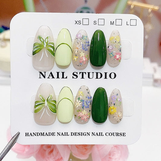 A2 Handmade Green Flower Butterfly Press On Nails for Women+Application Kit