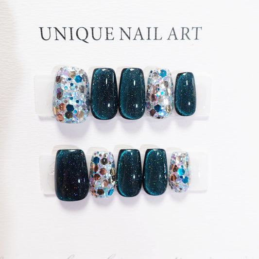 A46 Blue Cat Eye Short Press on Nails