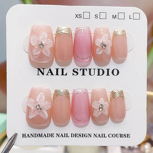 A18 Pink 3D Flowers Cat Eye Short Press On Nails+tool kit