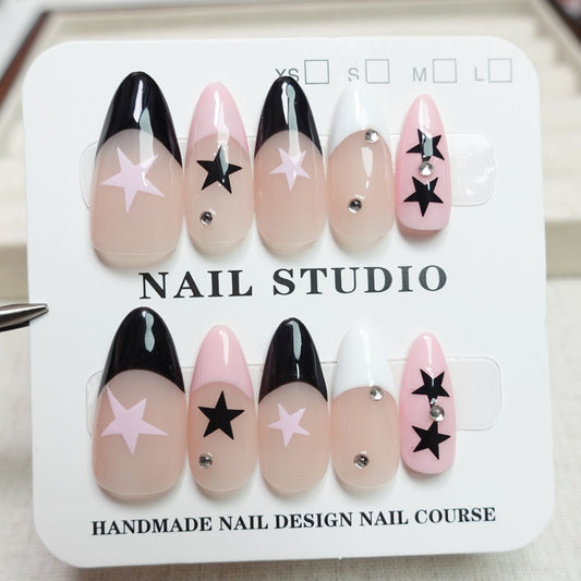 A45 Almond Stars French Style Press On Nails