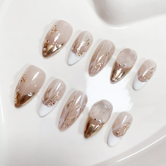 A93 Almond Hand Drown Design Press on Nails for Women