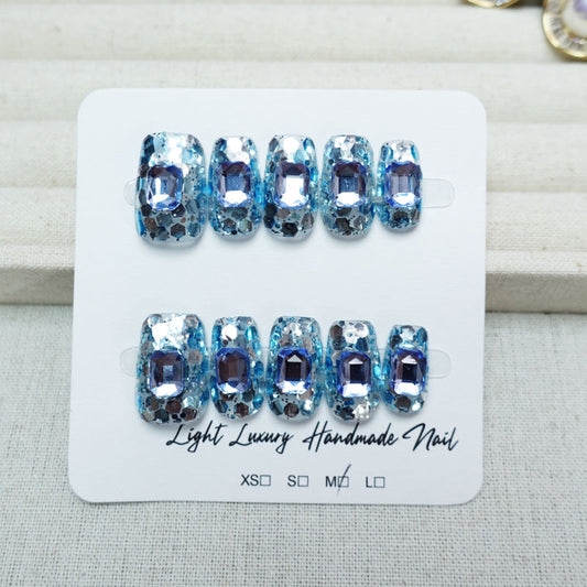 A37 Shiny Short Coffin Blue Color Press on Nails