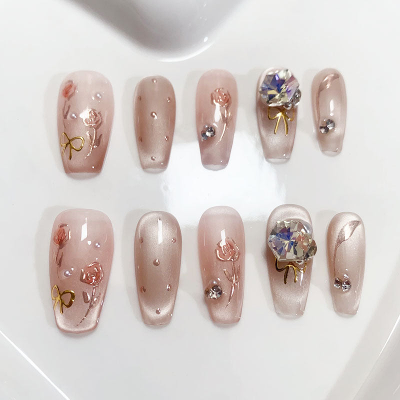 A118 Hand Drawn Rose Long Coffin Nails