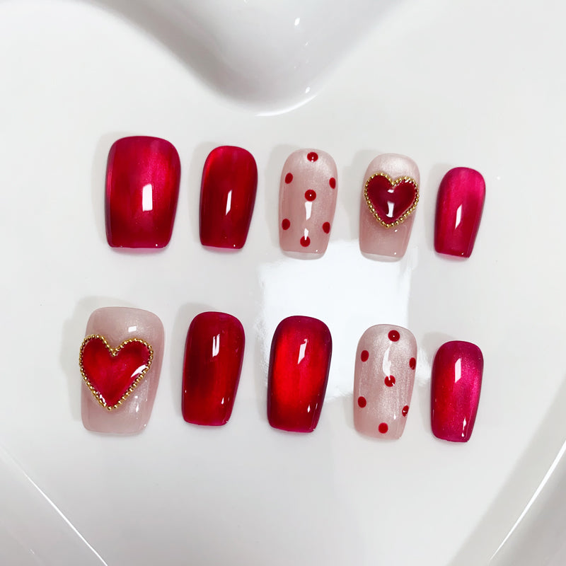 A91 Short Coffin Red Cat Eye Press on Nails for Women