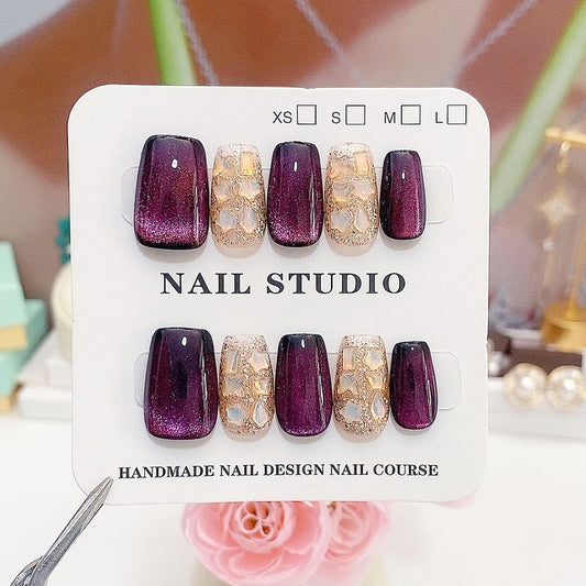 A5 Exquisite Purple Cat Eye Short Coffin False Nails for Women+Application Kit