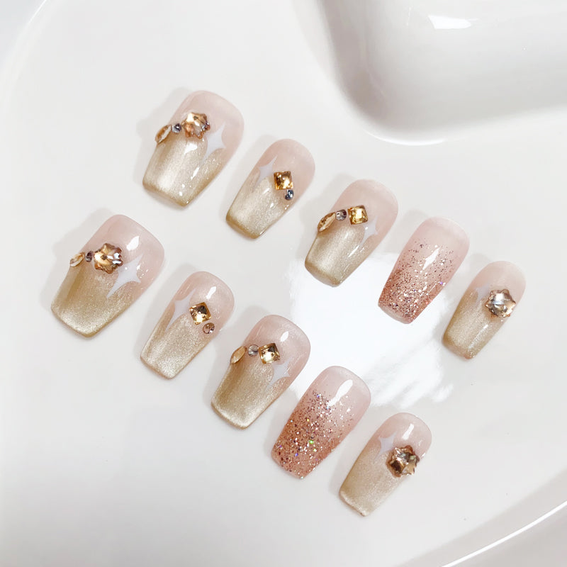 A94 Shiny Star Short Coffin Fake Nails for Women