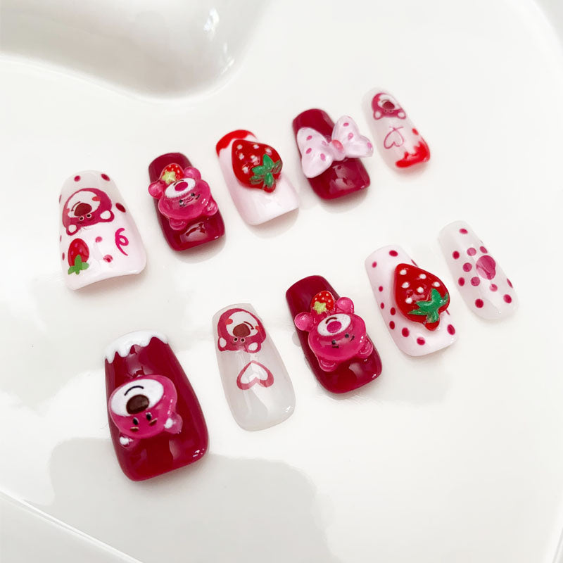 A137 Strawberry Bear Short Coffin Press on Nails for Women