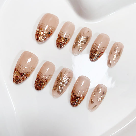 A95 Golden Butterfly Almond Press on Nails for Women+tool kit