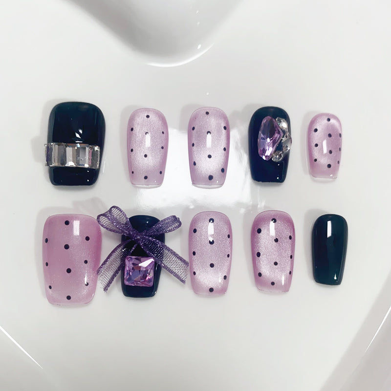 A106 Shiny Purple Cat Eye Short Coffin False Nails for Women