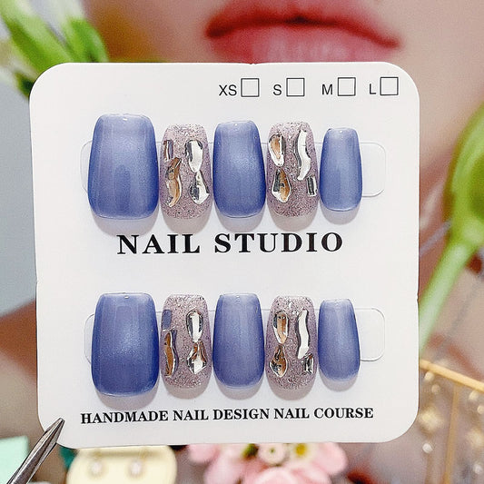 A49 Blue Cat Eyes Short Coffin Press on Nails for Women+tool kit