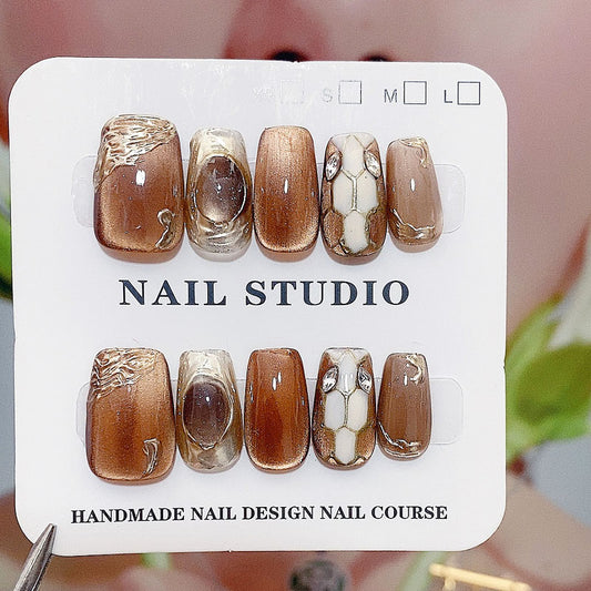 A43 Short Coffin Brown Cat Eye Press on Nails+tool kit