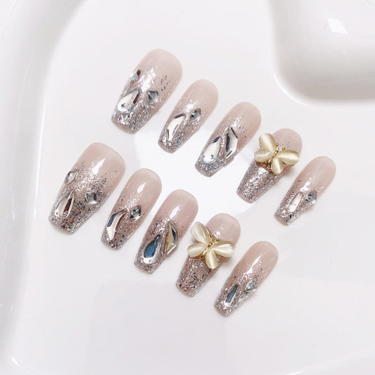 A20 Shiny Butterfly Long Coffin Press on Nails for Women+ Tool Kit