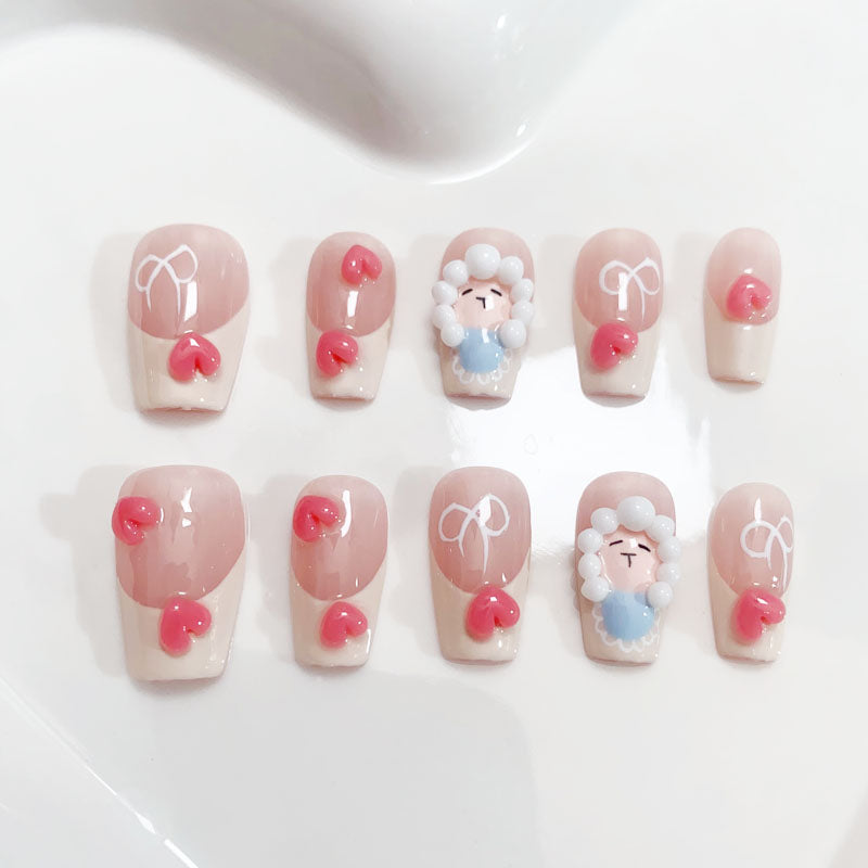 A122 Cute Sheep Short Coffin Press On Nails for Women