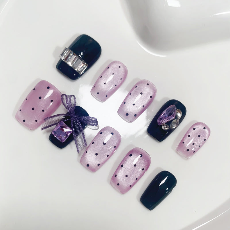 A106 Shiny Purple Cat Eye Short Coffin False Nails for Women