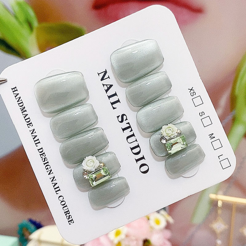 A6 Green Cat Eye Short Press On Nails+tool kit