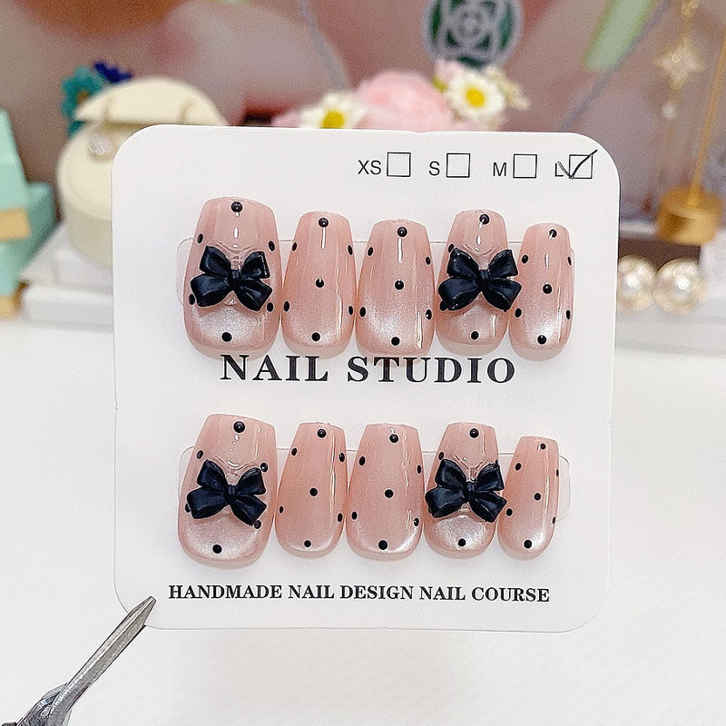 A12 Black Bowtie Cat Eye Press on Nails for Women+Application Kit