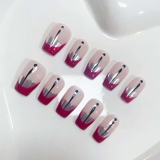 A104 French Style Rose Red Short Coffin False Nails for Women