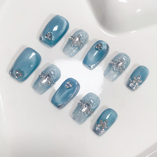 A119 Blue Cat Eye Short Coffin Press On Nails for Women+tool kit