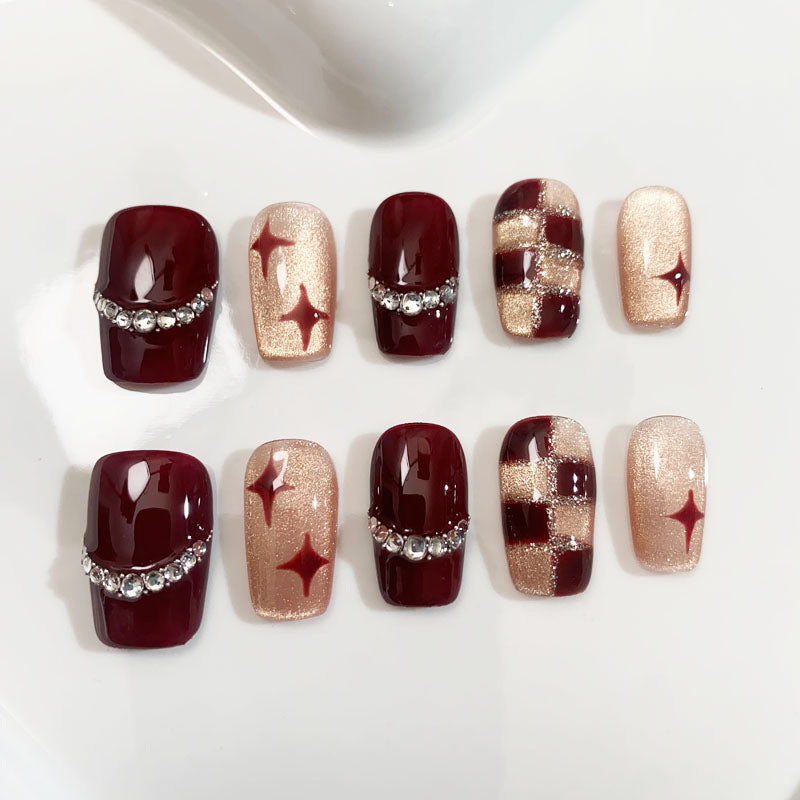 A58 Elegant Short Coffin Red Press on Nails for Women