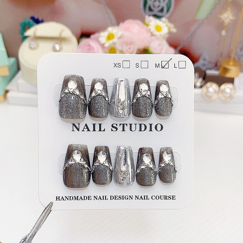 A97 Shiny Grey Short Coffin Fake Nails for Women+tool kit