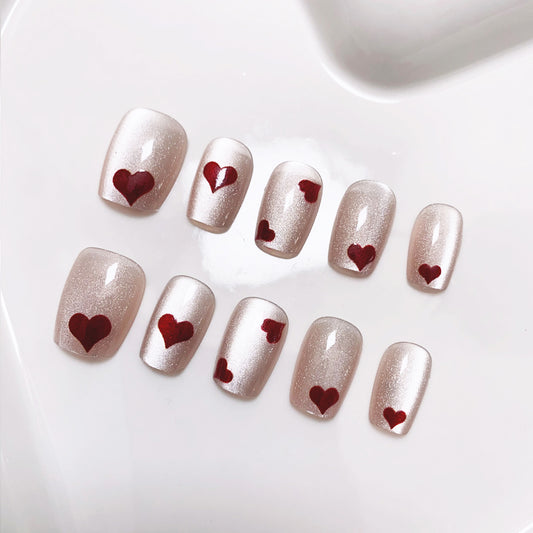 A34 Red Heart Cat Eye Super Short Press on Nails for Women+Application Kit