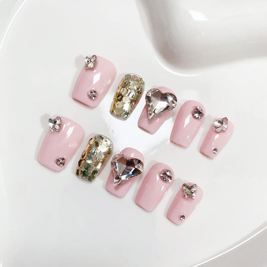 A71 Shiny Pink Short Coffin Press on Nails for Women+Application Kit