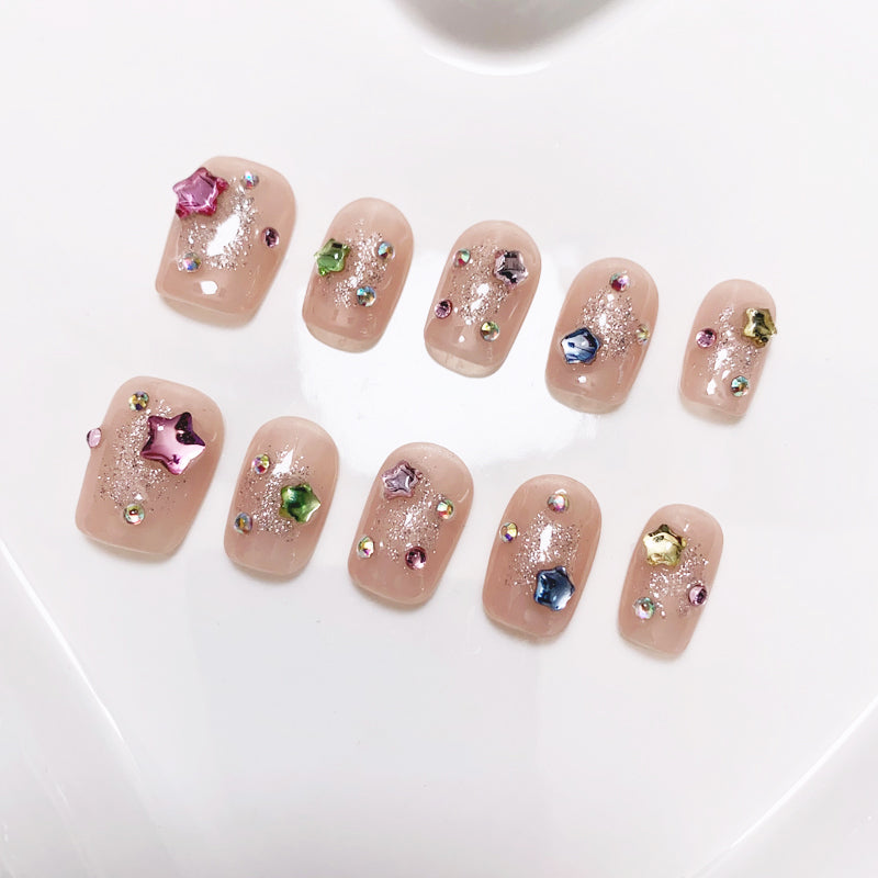 A36 Colorful Stones Super Short Press on Nails for Women +tool kit