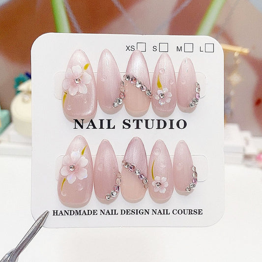 A8 Elegant Almond Flower Cat Eye Press on Nails for Women+tool kit