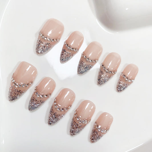 A74 Shiny Almond Press on Nails for Women+Application Kit