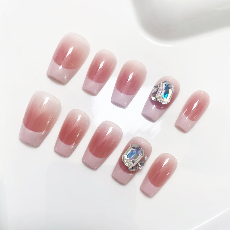 A48 Pink French Style Short Coffin Press on Nails for Women+Application Kit