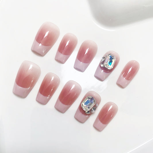 A48 Pink French Style Short Coffin Press on Nails for Women+Application Kit