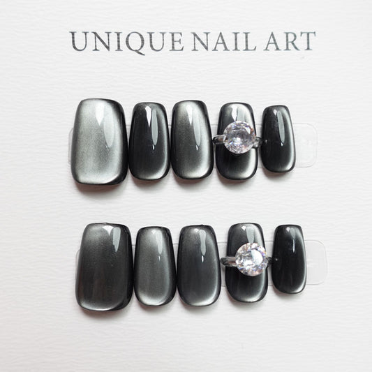 A42 Black Cat Eye Ring Design Short Coffin Press on Nails