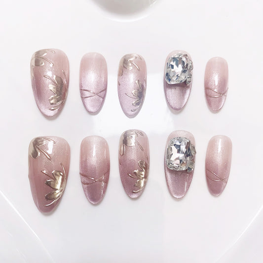 A52 Hand Drown Flower Style Almond Press on Nails for Women