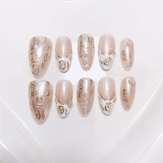 A7 Hand Drawn Almond Press on Nails for Women+ Application Kit