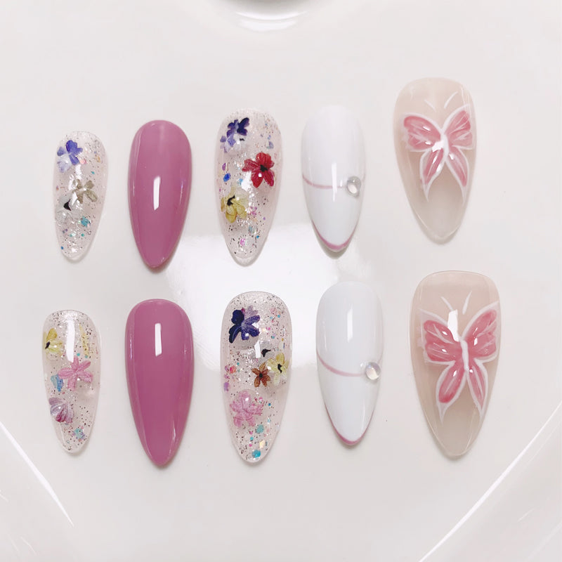 A1 Handmade Flower Butterfly Almond Press On Nails for Women+Application Kit