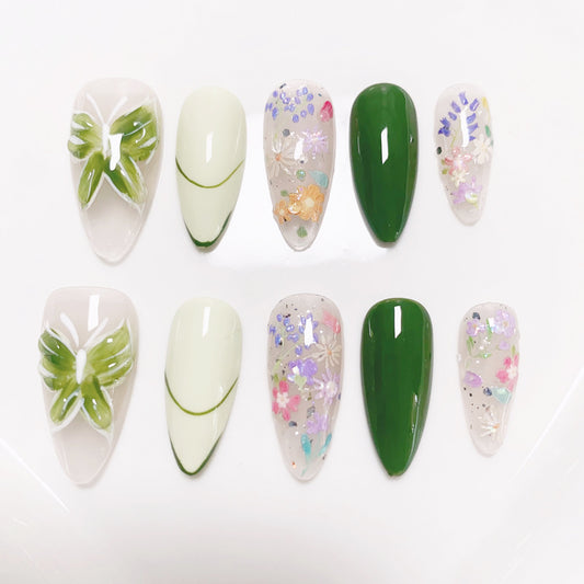 A2 Handmade Green Flower Butterfly Press On Nails for Women+Application Kit