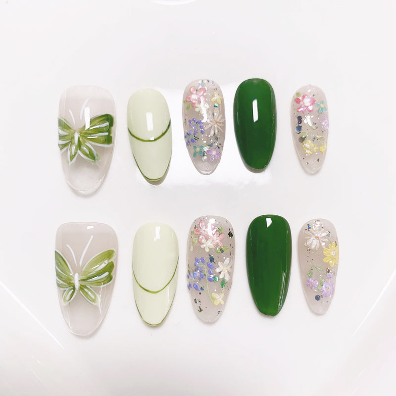 A2 Handmade Green Flower Butterfly Press On Nails for Women+Application Kit